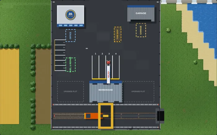 A player-owned haulage yard with warehouse, garage and rail siding